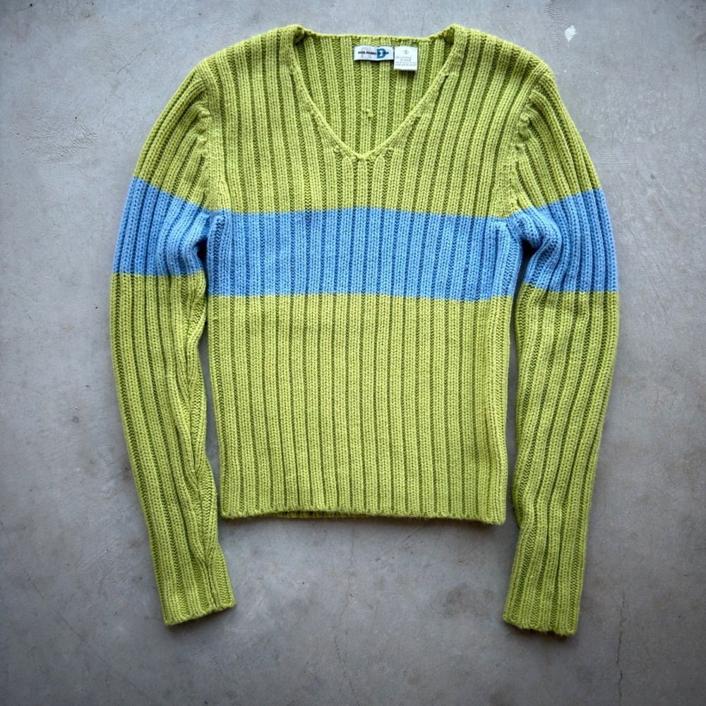 Vintage Y2K Paul Harris Design Lime Green Blue Ribbed V-Neck Sweater Small